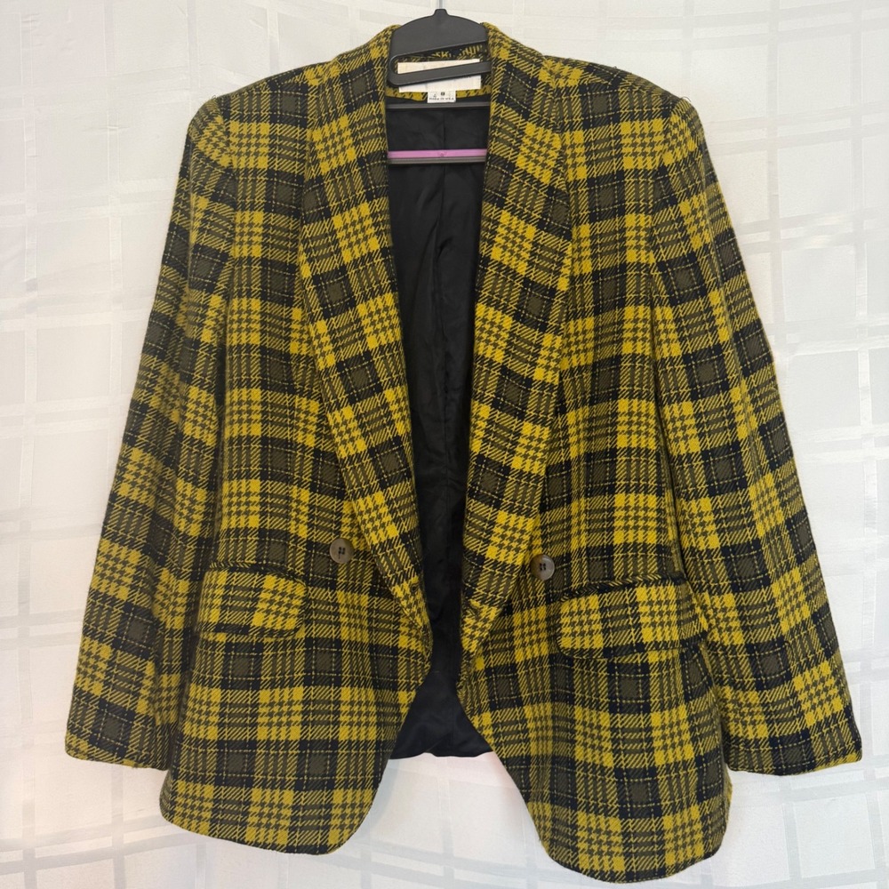 Vintage Jones New York Plaid Wool Blazer Yellow Double Breasted Sz 8 Clueless